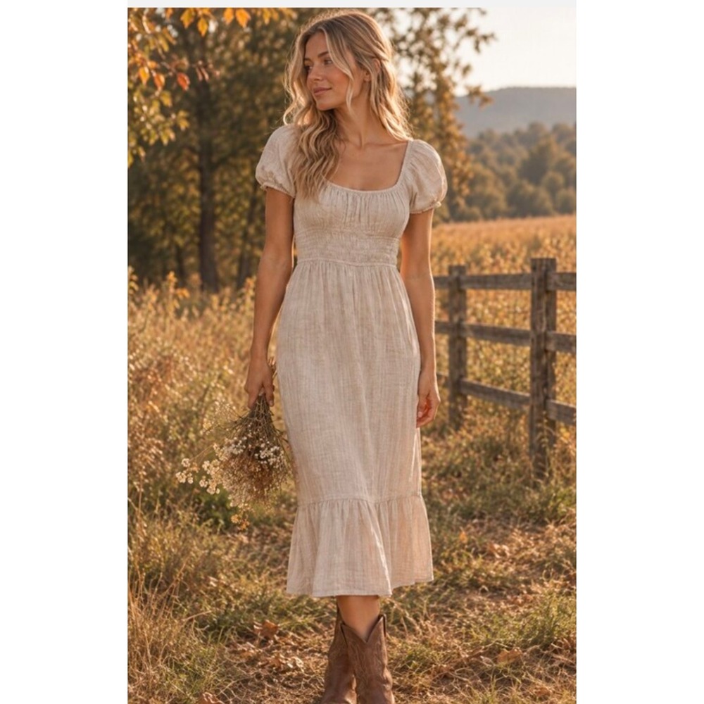 Sim & Sam Smocked Milkmaid Midi Dress Cotton Gauze Puff Sleeve Boho Beige Small